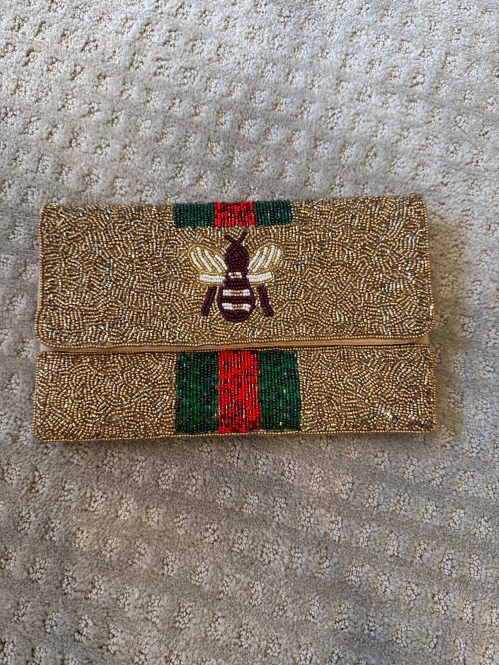Gold Beaded Women’s Clutch with Bee Motif and Green-Red Stripe